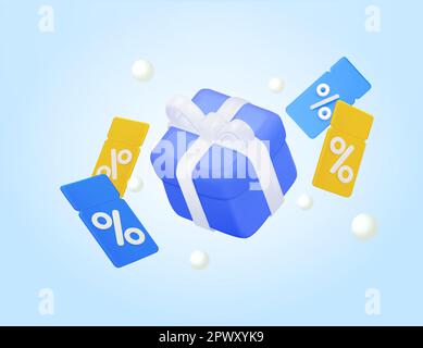 Gelbe Coupons, blaue Coupons und fliegenblaue Geschenke. Für Werbung, Marketing und Werbung in sozialen Netzwerken. Für Marketing, Vertrieb, Online-Shop. 3D-Vektordarstellung. Vektordarstellung Stock Vektor