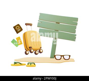Reisezeit Sommerkonzept, Reisepass, ausweis und gelber Koffer mit Gutschein, Coupons, Sonnenbrille, Flip-Flops, Wegweiser, Tourismus und Reiseplan, Sommerurlaub, Urlaub. 3D-Vektor. Vektordarstellung Stock Vektor