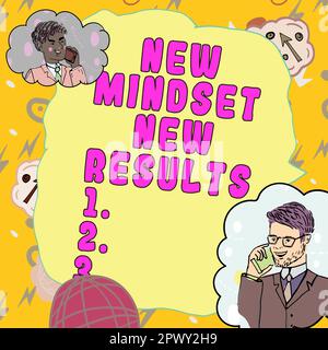 Textzeichen mit „New Mindset New Results, Internet Concept Open to Opportunities No Limits Think Greater“ Stockfoto