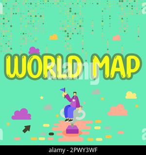 Schild mit Weltkarte, Wort geschrieben auf einer schematischen Darstellung der Erdoberfläche Stockfoto