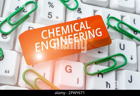 Textunterschrift Präsentation Chemical Engineering, Word für die Entwicklung von Dingen, die sich mit der industriellen Anwendung der Chemie befassen Stockfoto