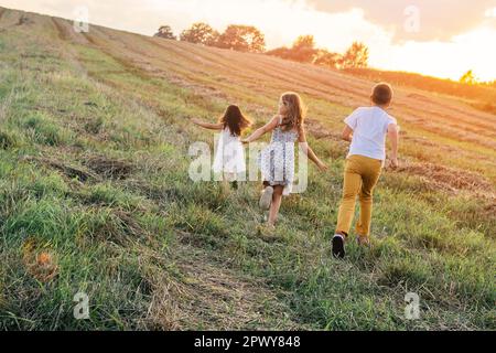 Portrait von zwei Mädchen in Kleid und Junge zurück zur Kamera, Spiel des Fangen und Laufen auf Gras Heufeld Pfade von trockenem Gras in den Sonnenuntergang. Wald o Stockfoto