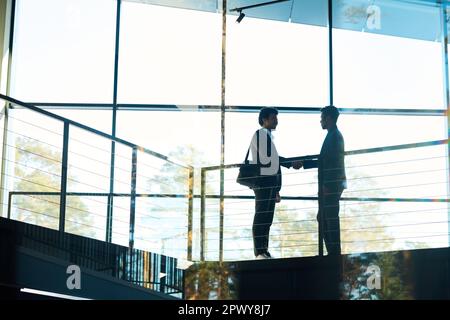 Lange Aufnahme von Umrissen von zwei jungen interkulturellen männlichen Geschäftspartnern in formeller Kleidung, die sich die Hände schütteln, während sie gegen ein großes Fenster standen Stockfoto