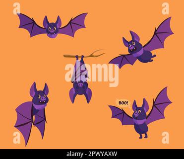 Halloween-Fledermäuse. Wildes fliegendes Tier. Cartoon-Figur. Flittermaus schläft und hängt am Ast. Lila Vampirmonster. Flügel schwenken. Lächelnd Stock Vektor