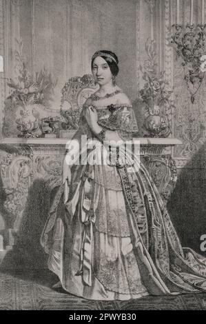 Infanta María Luisa Fernanda aus Spanien (1832-1897). Infanta von Spanien durch Geburt. Zweite Tochter von König Ferdinand VII Herzogin von Montpensier durch ihre Heirat mit Prinz Antoine d'Orleans im Jahr 1846. Porträt. Zeichnung von B. Blanco. Lithographie von J. Donón. Reyes Contemporáneos. Band I. Veröffentlicht in Madrid, 1855. Stockfoto