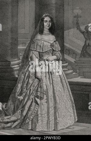 Teresa Cristina der beiden Sizilien (1822-1889). Pincess vom Königreich der beiden Sizilien. Nach ihrer Hochzeit 1843 mit Kaiser Pedro II. Von Brasilien wurde sie zur Kaiserin von Brasilien. Porträt. Zeichnung von B. Blanco. Lithographie von J. Donón. "Reyes Contemporáneos". Band I. Veröffentlicht in Madrid, 1855. Stockfoto