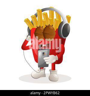 Süße pommes frites maskieren Musik auf einem Smartphone über Kopfhörer. Perfekt für Lebensmittelgeschäfte, kleine Unternehmen oder E-Commerce, Merchandise und stic Stock Vektor