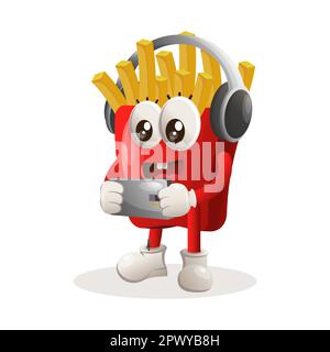 Süße pommes frites Maskottchen, das Spielmobil spielt und Kopfhörer trägt. Perfekt für Lebensmittelgeschäfte, kleine Unternehmen oder E-Commerce, Merchandise und Aufkleber, banne Stock Vektor