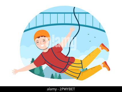 Bungee-Jumping-Illustration mit einer Person, die ein elastisches Seil trägt, das aus der Höhe springt, in einer flachen Cartoon Extreme Sports Vector-Vorlage Stockfoto