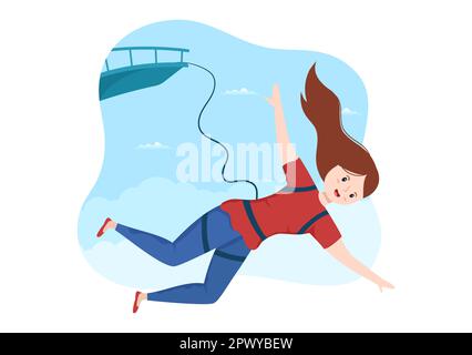 Bungee-Jumping-Illustration mit einer Person, die ein elastisches Seil trägt, das aus der Höhe springt, in einer flachen Cartoon Extreme Sports Vector-Vorlage Stockfoto