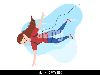 Bungee-Jumping-Illustration mit einer Person, die ein elastisches Seil trägt, das aus der Höhe springt, in einer flachen Cartoon Extreme Sports Vector-Vorlage Stockfoto