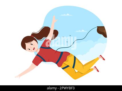 Bungee-Jumping-Illustration mit einer Person, die ein elastisches Seil trägt, das aus der Höhe springt, in einer flachen Cartoon Extreme Sports Vector-Vorlage Stockfoto