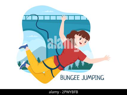 Bungee-Jumping-Illustration mit einer Person, die ein elastisches Seil trägt, das aus der Höhe springt, in einer flachen Cartoon Extreme Sports Vector-Vorlage Stockfoto