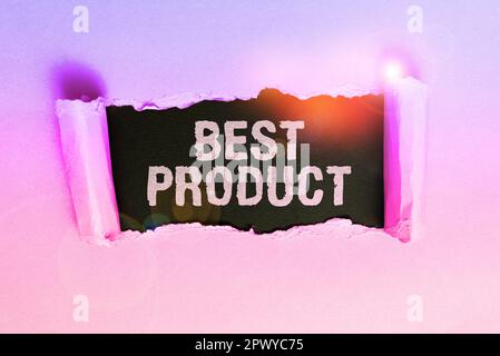 Schild mit der Aufschrift „Bestes Produkt“, Word für „sehr beliebt“, und eine große Menge davon wurde verkauft Stockfoto