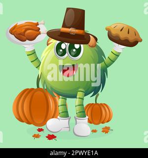 Süßes grünes Monster feiert Thanksgiving. Perfekt für Kinder, kleine Unternehmen oder E-Commerce, Merchandise und Aufkleber, Werbebanner, Blog oder Vlog Cha Stock Vektor