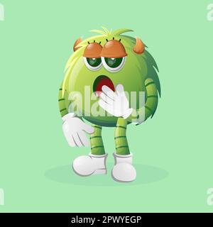 Süßes grünes Monster mit boblauem Ausdruck. Perfekt für Kinder, kleine Unternehmen oder E-Commerce, Merchandise und Aufkleber, Werbebanner, Blog oder Vlog Cha Stock Vektor