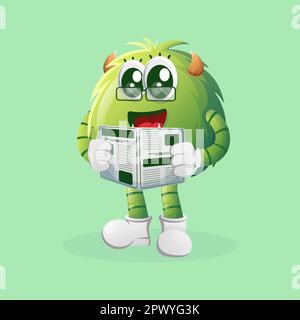 Süßes grünes Monster liest Zeitungen. Perfekt für Kinder, kleine Unternehmen oder E-Commerce, Merchandise und Aufkleber, Werbebanner, Blog oder Vlog-Kanal Stock Vektor