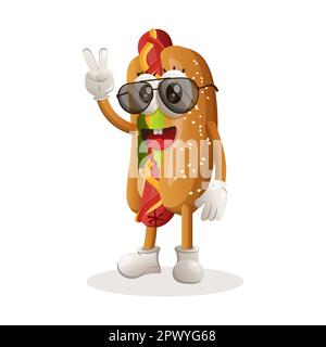 Süßes Hotdog-Maskottchen mit Friedenshand. Perfekt für Lebensmittelgeschäfte, kleine Unternehmen oder E-Commerce, Merchandise und Aufkleber, Werbebanner, Blog zur Lebensmittelbewertung Stock Vektor