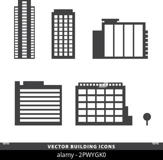 Eine Reihe von Vektorbürogebäuden, Wohnungen, Häusern, Ikonen, Silhouetten Stock Vektor