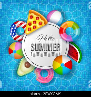 Sommerhintergrund mit bunten Schlauchbooten auf dem Poolwasser. Sommerplakat mit schwimmenden Schwimmringen, Schwimmflößen und Strandbällen Stock Vektor