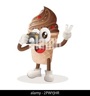 Süßes Eiscreme-Maskottchen, das mit der Kamera fotografiert. Perfekt für Lebensmittelgeschäfte, kleine Unternehmen oder E-Commerce, Merchandise und Aufkleber, Werbebanner, Lebensmittel Stock Vektor
