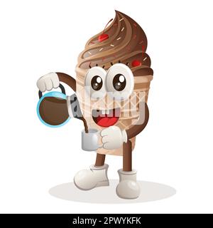 Süßes Eiscreme-Maskottchen, das Kaffee trinkt, Kaffeezeit. Perfekt für Lebensmittelgeschäfte, kleine Unternehmen oder E-Commerce, Merchandise und Aufkleber, Werbebanner, f Stock Vektor