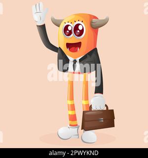 Süßer orangefarbener Monster-Geschäftsmann. Perfekt für Kinder, kleine Unternehmen oder E-Commerce, Merchandise und Aufkleber, Werbebanner, Blog oder Vlog-Kanal Stock Vektor