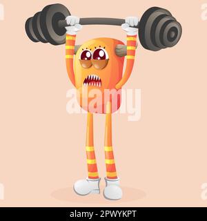 Süßes orangefarbenes Monster Bodybuilding mit einer Hakenglocke, die Muskeln biegt. Perfekt für Kinder, kleine Unternehmen oder E-Commerce, Merchandise und Aufkleber, Werbebanner Stock Vektor