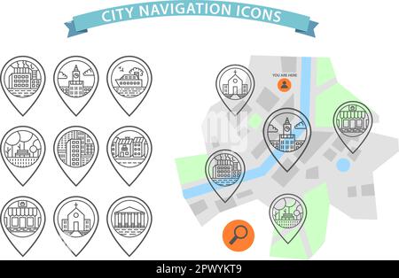 Symbole für die Navigation in Vektorstädten festgelegt. Linien, Stadtsymbole, Karte. Gebäude, Kirche, Park, Häuser Ikonen isoliert Stock Vektor