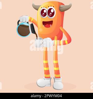 Süßes Orangenmonster trinkt Kaffee, Zeit für Kaffee. Perfekt für Kinder, kleine Unternehmen oder E-Commerce, Merchandise und Aufkleber, Werbebanner, Blog oder V Stock Vektor