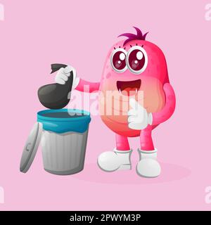 Süßes pinkfarbenes Monster, das wiederverwendbaren Abfall in den Mülleimer wirft. Perfekt für Kinder, kleine Unternehmen oder E-Commerce, Merchandise und Aufkleber, Werbebanner, Stock Vektor