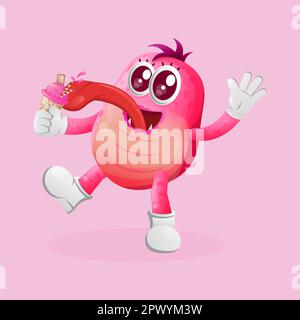 Süßes rosa Monster isst Eis. Perfekt für Kinder, kleine Unternehmen oder E-Commerce, Merchandise und Aufkleber, Werbebanner, Blog oder Vlog-Kanal Stock Vektor