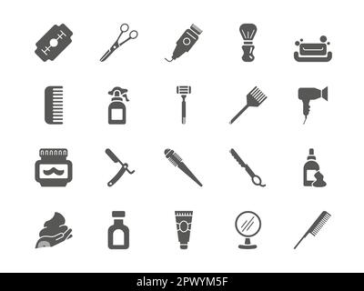 Rasierzubehör für Friseurläden. Schwarze Silhouettensymbole von Barber. Modische Hipster-Bürste. Rasierer oder Klinge. Haarschneidewerkzeuge. Schnurrbart-Creme. Schaum Stock Vektor