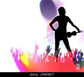 Die Hände wurden bei einem Konzert zu einer fidle Spielerin mit heller Beleuchtung in der Luft angehoben Stockfoto