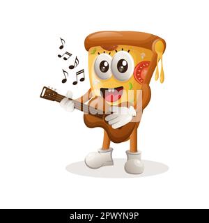Süßes Pizza-Maskottchen, das Gitarre spielt. Perfekt für Lebensmittelgeschäfte, kleine Unternehmen oder E-Commerce, Merchandise und Aufkleber, Bannerwerbung, Blog zur Lebensmittelbewertung oder Stock Vektor
