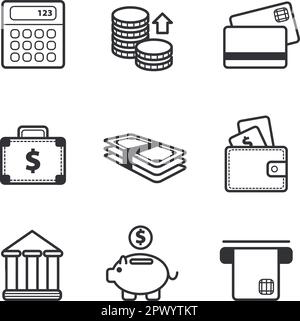 Vektorsatz mit schwarzen Finanzsymbolen. Bank, Geldzeichen Stock Vektor