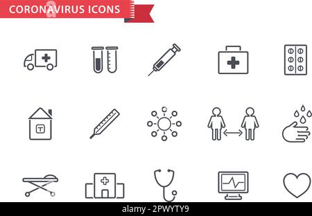 Vektorsatz der Linie Coronavirus-Schutz, Therapie, Prävention Symbole. Enthält solche Symbole wie Schutzmaßnahmen, Coronavirus Symptome, Inkubation per Stock Vektor