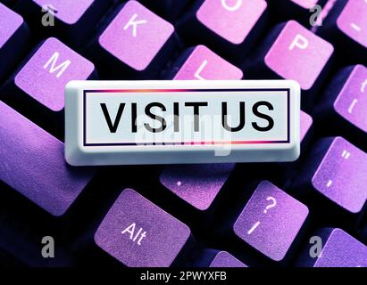 Schreiben Anzeigetext Besuchen Sie uns, Einladung zum Geschäftskonzept Beobachten Sie Eine Webseite Link zu Homepage Blog Internet Stockfoto