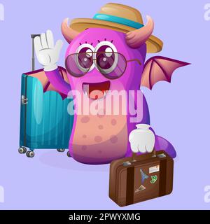 Süßes lila Monster im Urlaub mit einem Koffer. Perfekt für Kinder, kleine Unternehmen oder E-Commerce, Merchandise und Aufkleber, Werbebanner, Blog o Stock Vektor