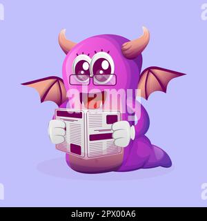 Süßes lila Monster liest Zeitungen. Perfekt für Kinder, kleine Unternehmen oder E-Commerce, Merchandise und Aufkleber, Werbebanner, Blog oder Vlog-Kanal Stock Vektor