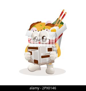 Süßes Ramen-Maskottchen liest Zeitungen. Perfekt für Lebensmittelgeschäfte, kleine Unternehmen oder E-Commerce, Merchandise und Aufkleber, Werbebanner, Blog zur Lebensmittelbewertung o Stock Vektor