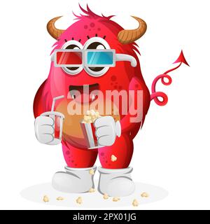 Süßes rotes Monster, das einen Film mit Limonade und Popcorn sieht. Perfekt für Kinder, kleine Unternehmen oder E-Commerce, Merchandise und Aufkleber, Werbebanner Stock Vektor