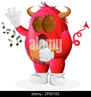 Süßes rotes Monster, das singt, singt ein Lied. Perfekt für Kinder, kleine Unternehmen oder E-Commerce, Merchandise und Aufkleber, Werbebanner, Blog oder Vlog-Kanal Stock Vektor