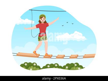 Seilrutschen-Illustration mit Besuchern, die auf einem Hindernisparcours spazieren gehen, und Outdoor Rope Adventure Park in Forest in Flat Cartoon Hand Drawn Templates Stockfoto