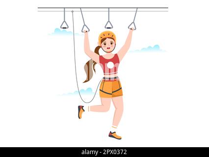 Seilrutschen-Illustration mit Besuchern, die auf einem Hindernisparcours spazieren gehen, und Outdoor Rope Adventure Park in Forest in Flat Cartoon Hand Drawn Templates Stockfoto