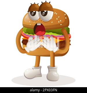 Süßes Burger-Maskottchen-Design mit gelangweiltem Ausdruck. Burger-Cartoon-Maskottchen-Design. Köstliches Essen mit Käse, Gemüse und Fleisch. Süßes Maskottchen Stock Vektor