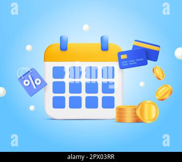 3D Kalender mit Kredit-, Debitkarte-, Warenkorb-, Einkaufstasche- und Flugmünzen, goldene Münzen auf blauem Hintergrund. Bankkonto und Kalender des Kontenbuchs. Steuerzahlungen, Geld sparen. vektor. Vektordarstellung Stock Vektor