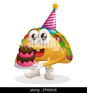 Süßes Taco-Maskottchen mit Geburtstagsmütze und Geburtstagskuchen. Perfekt für Lebensmittelgeschäfte, kleine Unternehmen oder E-Commerce, Merchandise und Aufkleber, Banner Stock Vektor