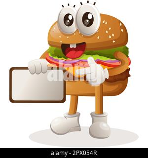 Süßes Burger-Maskottchen-Design mit Werbetafeln zum Verkauf. Burger-Cartoon-Maskottchen-Design. Köstliches Essen mit Käse, Gemüse und Fleisch. Süßer Mann Stock Vektor