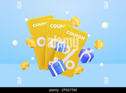 Coupons für verschiedene Rabatte. Mit fliegenden Münzen und Geschenken. Ein Gutschein mit Geschenken und ein Gutschein mit einem Prozentzeichen. Kreatives Konzept des Online-Schnäppchenhandels. 3D-Vektordarstellung. Vektordarstellung Stock Vektor
